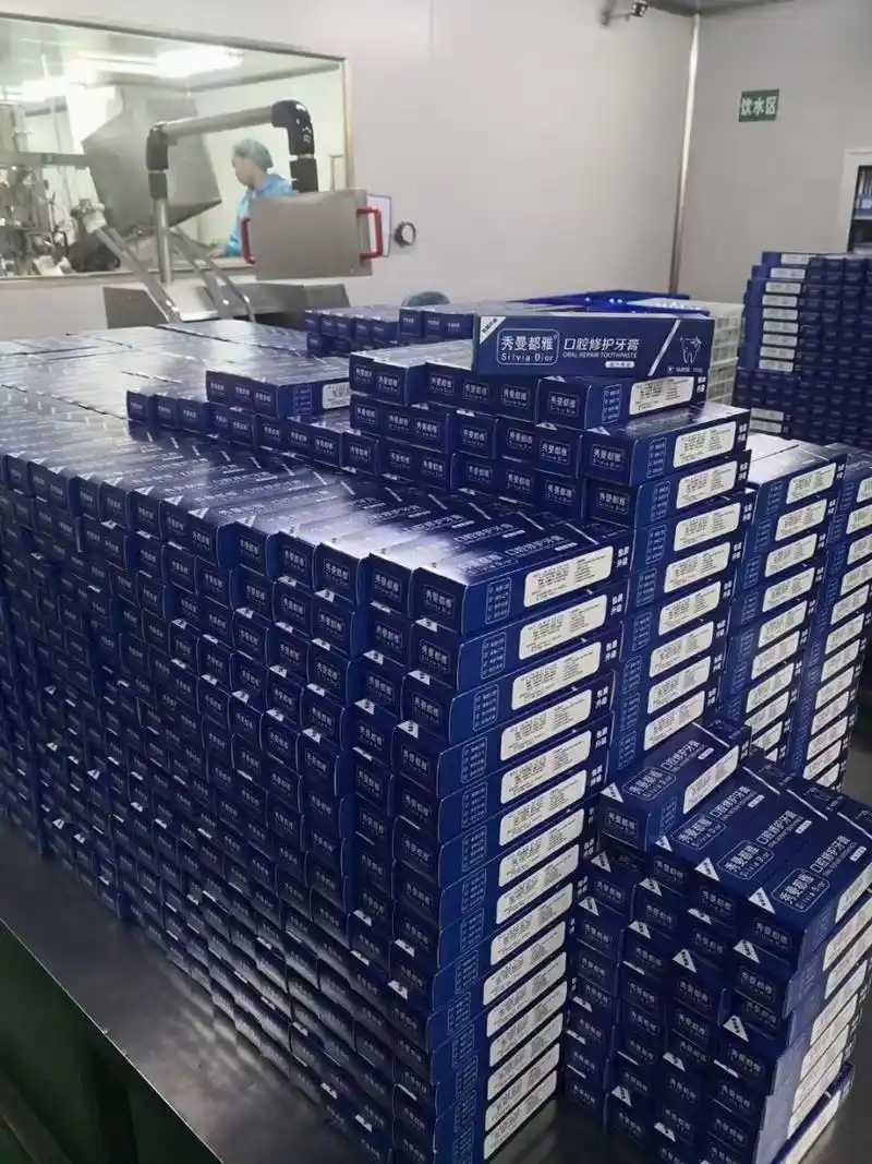 Private label toothpaste tube and carton packaging prepared for final packing stage